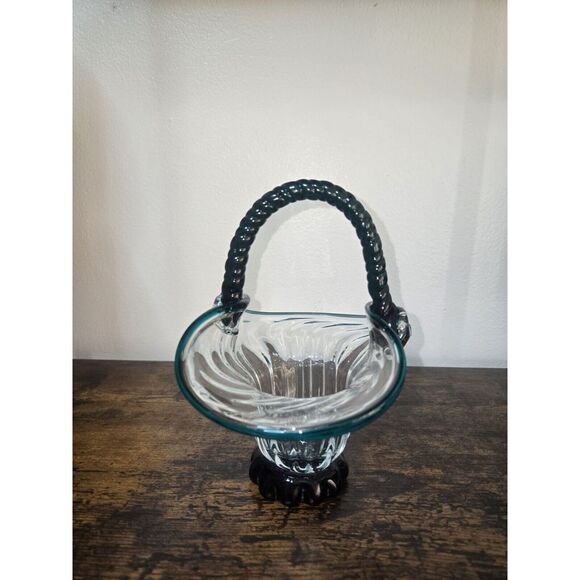 Vintage Clear & Turquoise Hand Blown Optic Glass Basket Applied Rope Handle - Picture 10 of 15